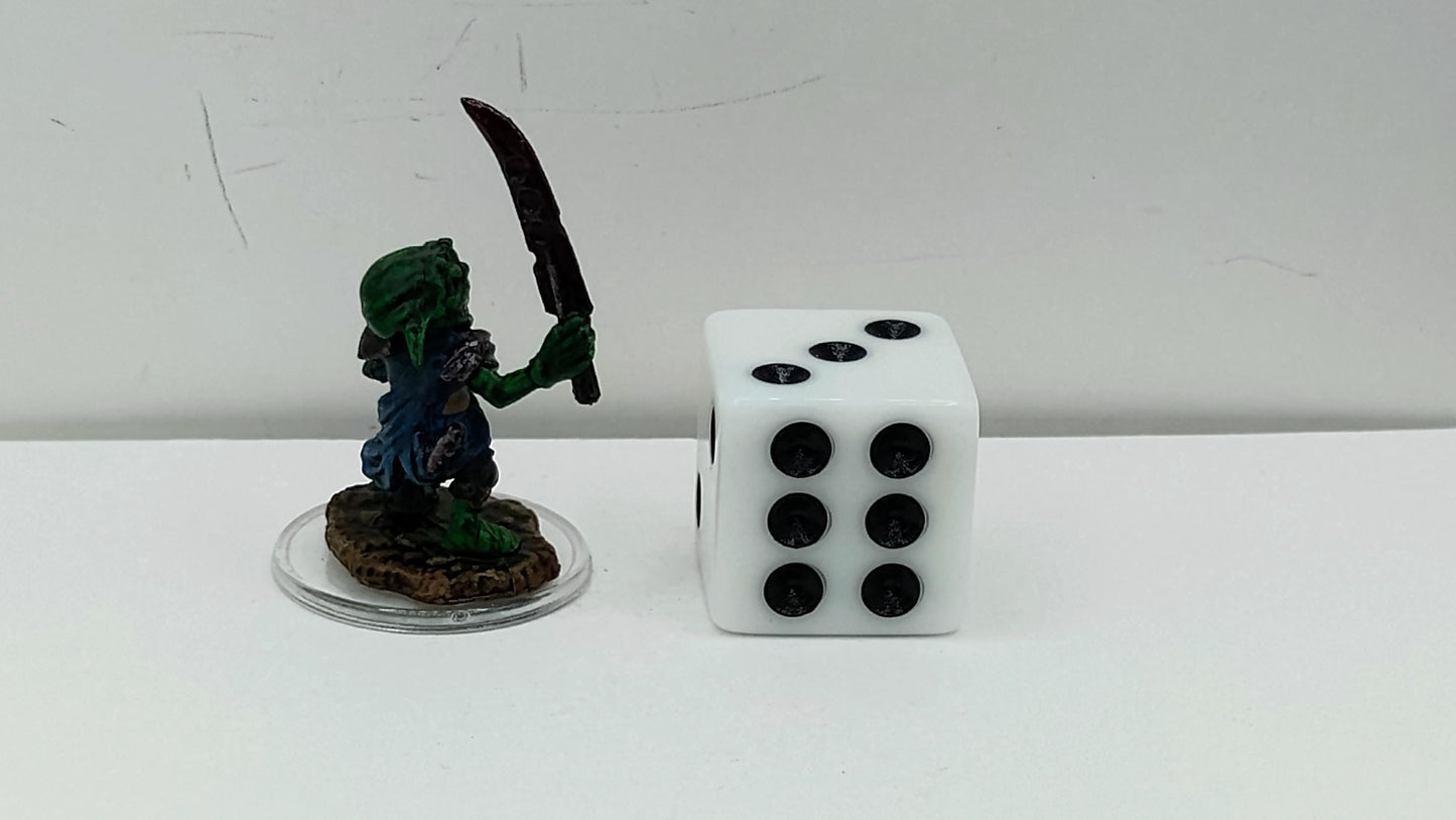 Goblin Fighter Miniature: Ragged Blue Armor, Chipped Scimitar