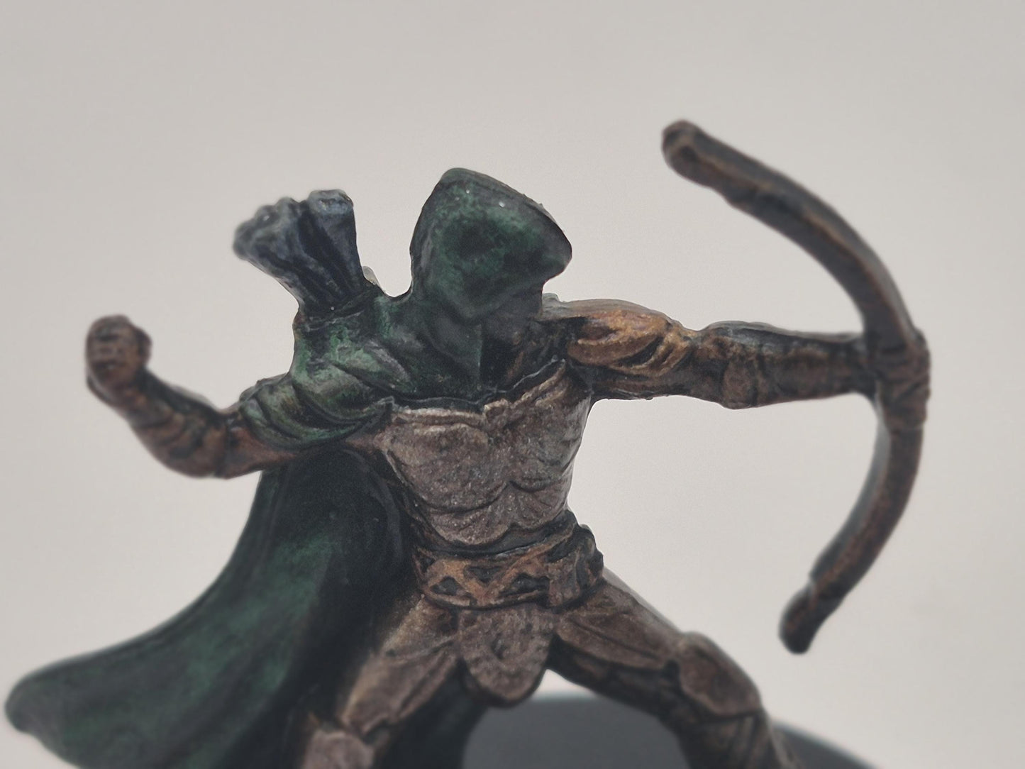 Hooded Human Archer Miniature: Earthy Armor, Dark Green Cloak