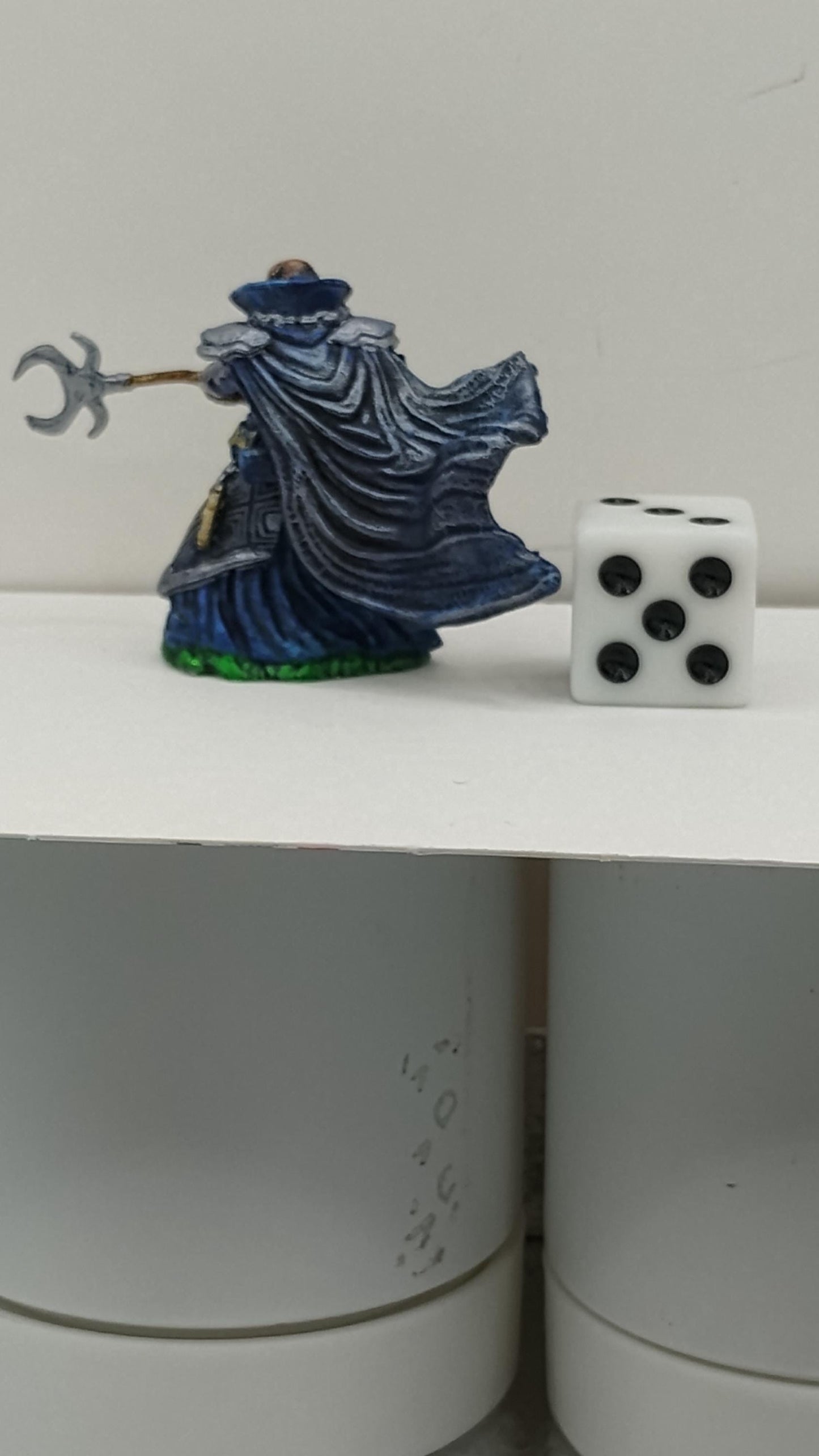 Indigo Cloaked Human Wizard Miniature: Silver Armor, Crescent Staff