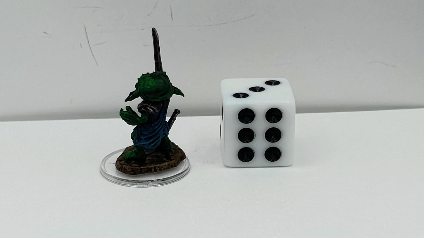 Goblin Fighter Miniature: Ragged Blue Armor, Chipped Scimitar