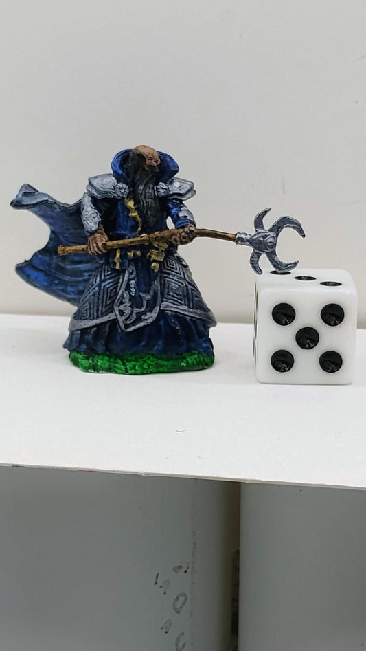Indigo Cloaked Human Wizard Miniature: Silver Armor, Crescent Staff