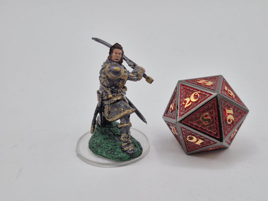 Human Paladin Miniature: Gleaming Gold Armor, Sword Raised